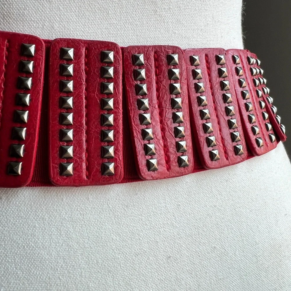 Y2K Studded Asymmetrical Elastic Cinch Waist Belt Statement Red Punk Thick Wide